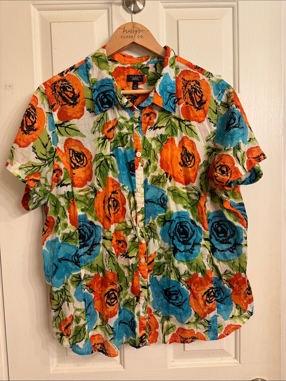 Talbots Floral Short-Sleeve Button-Down Shirt in Orange, Blue & Green